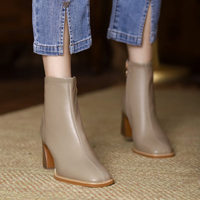 Botas Tobilleras de Cuero con Tacón Grueso y Punta Cuadrada