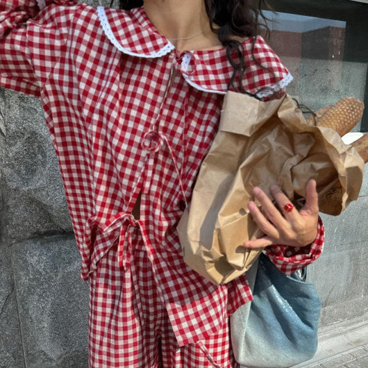 Conjunto Dos Piezas: Blusa Cuadros Suelta con Cordones y Pantalón Ancho - Image 13
