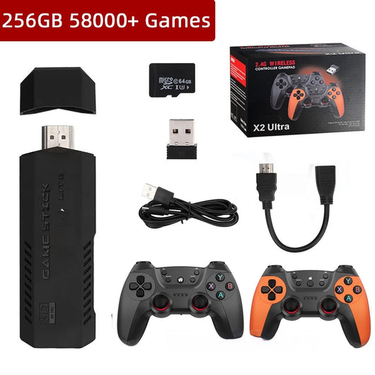 X2 Ultra Home TV Game Console kit with black game stick, two wireless controllers, 64GB MicroSD, and cables. - Image 9
