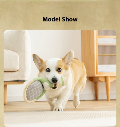 Plush dog toy set featuring a green and beige tennis racket (29cm) and a matching 6cm tennis ball. - Image 12