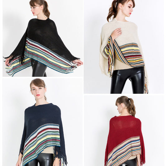 Poncho Pullover Jacquard a Rayas con Bloques de Color