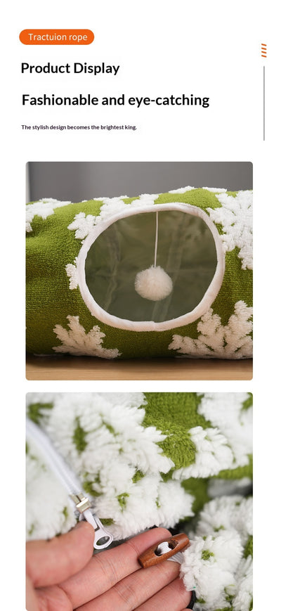 Cama Túnel Navideño para Mascotas con Diseño de Copos de Nieve Verde - Image 6