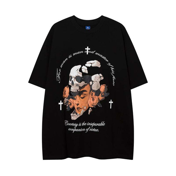Camiseta Casual Estilo Urbano con Estampado Calavera y Letras Retro