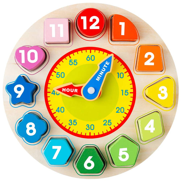 Reloj Educativo de Madera con Bloques de Números y Clasificador de Formas