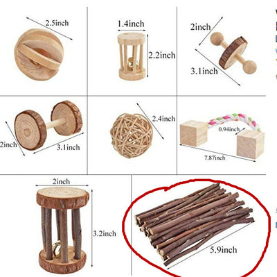 Set of natural wooden hamster toys including dumbbell shapes, a spherical bell toy, and two cylindrical bell toys, with a hamster. - Image 19