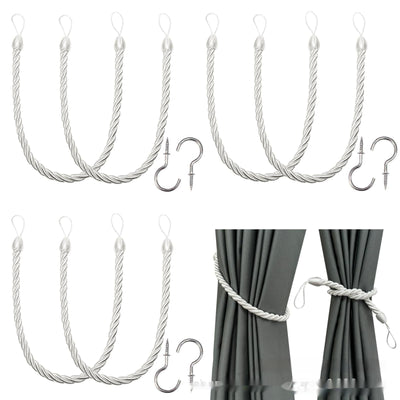 Four beige twisted rope curtain tie-backs with loops, shown with two silver screw-in hooks and on sheer white curtains. - Image 14