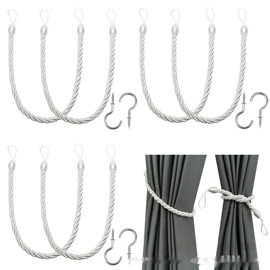 Four beige twisted rope curtain tie-backs with loops, shown with two silver screw-in hooks and on sheer white curtains. - Image 14