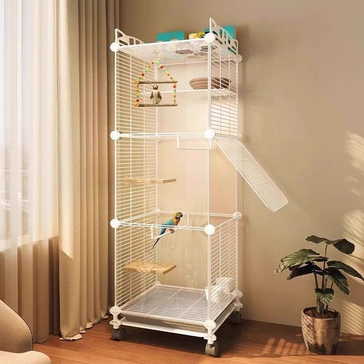 White single-layer bird cage with transparent sides, wire door, perches, bells, and a tunnel, on wheels. - Image 4