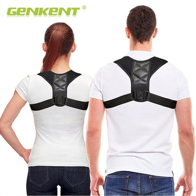 Black back shoulder spine posture corrector worn over a white long-sleeved shirt, showing adjustable straps. (2 pcs) - Image 16