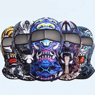 Blue and black full-face balaclava with a roaring gorilla graphic, designed for windproof and dust protection.
