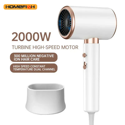 White professional hair dryer with rose gold accents, blue fan, and two control buttons, shown with a US 110V plug and a 360-degree rotating air collector nozzl - Image 4