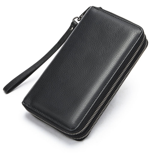 Cartera Larga de Cuero Genuino para Hombre con Cierre de Cremallera