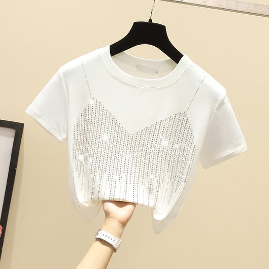 Blusa Elegante Diamante Temperamento Manga Corta Ajustada Mujer - Image 9