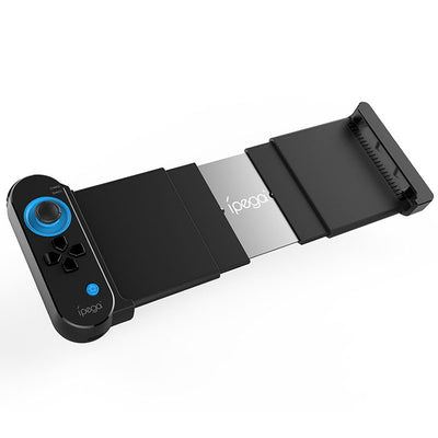 IPEGA PG-9120 wireless Bluetooth gamepad in black with a blue joystick and retractable phone holder.