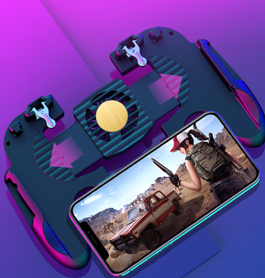 Red and blue smartphone game controller grip with integrated cooling fan and metal trigger buttons, connected to a white USB cable. - Image 12
