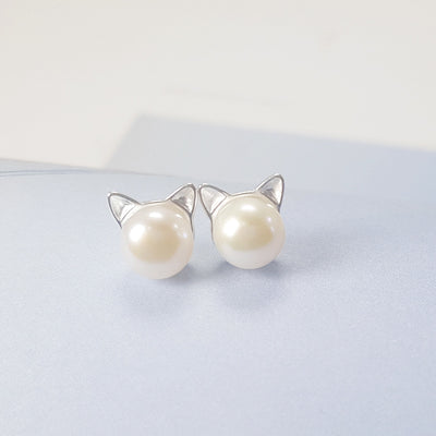 Aretes de Plata 925 con Perlas de Agua Dulce y Diseño de Orejas de Gato - Image 2