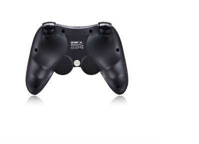 Black wireless Bluetooth gamepad with red accents, featuring a D-pad, analog sticks, and face buttons, shown with a detachable black smartphone clip. - Image 5
