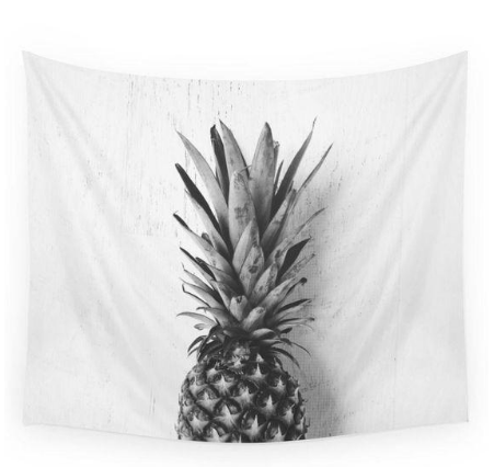 Black and white tapestry featuring a large, detailed print of a pineapple, suitable for modern home decor.