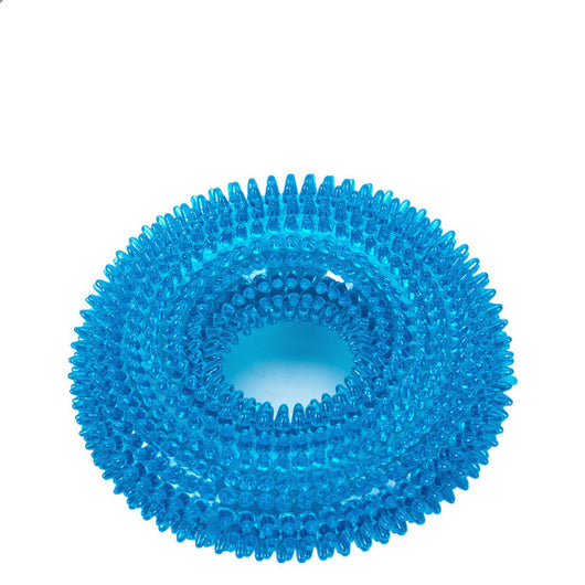 Translucent blue spiky donut-shaped pet toy made of TPR, designed to be bite-resistant and produce sound. - Image 15