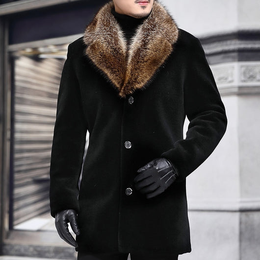 Abrigo para Hombre con Cuello de Lana y Borde de Piel Sintética