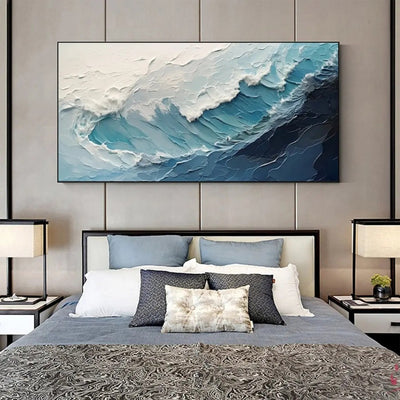 Cuadro Óleo Abstracto Grandes Dimensiones Olas Océano Azul y Blanco Texturizado para Sala - Image 4