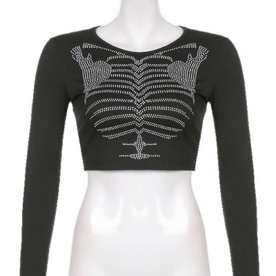 Blusa Crop Top Esqueleto con Cristales - Estilo Gótico para Mujer - Image 5