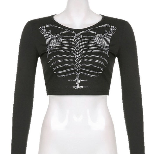 Blusa Crop Top Esqueleto con Cristales - Estilo Gótico para Mujer - Image 5