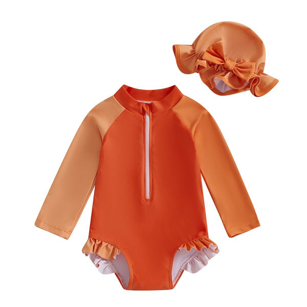 Traje de Baño Infantil de Una Pieza con Mangas Largas y Gorro Integrado