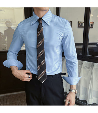 Camisa de Vestir Manga Larga a Rayas para Hombre con Cuello Italiano - Image 30