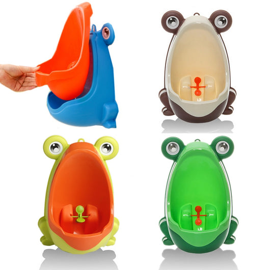 Green and orange frog-shaped children's urinal with large eyes and a spinning target for potty training. - Image 2