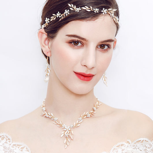 Juego de Joyas Nupcial de Tres Piezas: Aretes, Collar y Pulsera en Aleación Chapada - Image 5