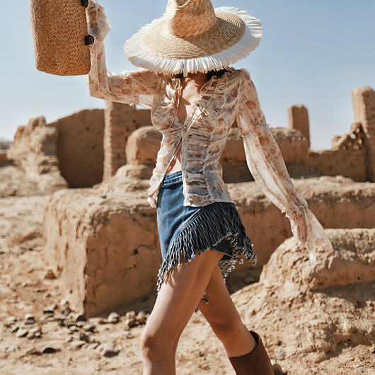 Falda Denim Retro Irregular con Flecos - Image 9