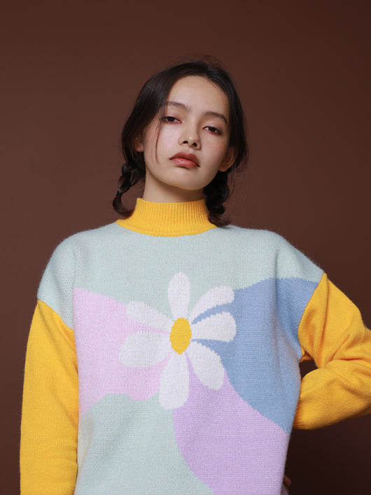 Suéter Holgado de Invierno para Niñas con Estampado Floral Suave