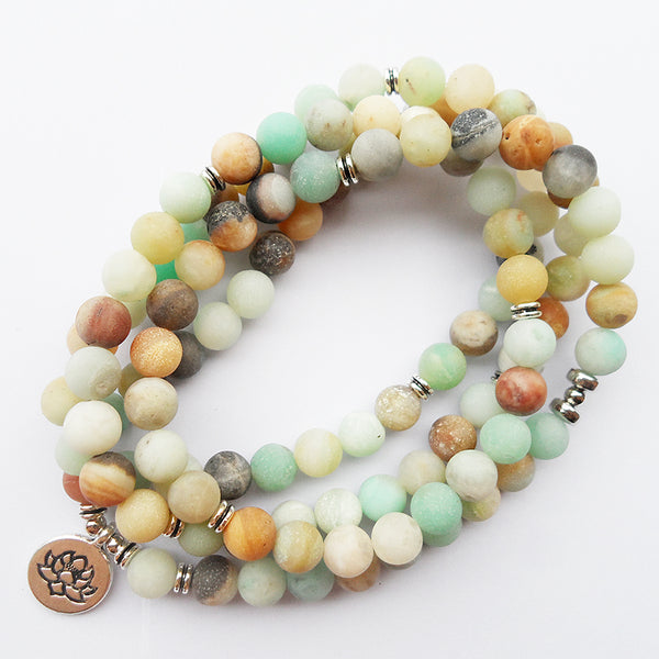 Pulsera Mala Amazonita Mate 108 Cuentas con Dije Loto Plata Antigua - Brazalete Yoga y Meditación