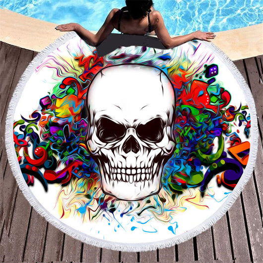Toalla de Playa Redonda con Estampado Calavera y Borla