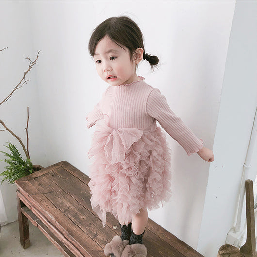 Vestido Infantil de Otoño con Lazo y Mangas Largas en Tul Tejido - Image 2