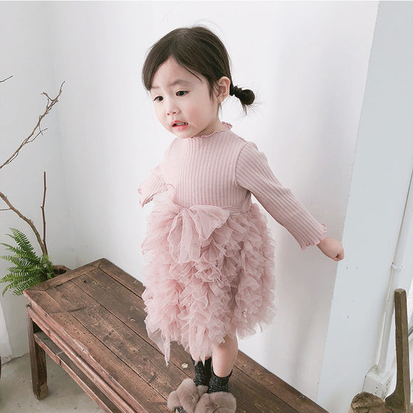 Vestido Infantil de Otoño con Lazo y Mangas Largas en Tul Tejido