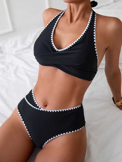 Black two-piece swimsuit with white scalloped trim, featuring a halter neck wrap-front top and high-waisted bottoms. - Image 8