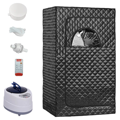 Portable brown quilted full body sauna room with steam generator, remote control, and accessories on a white background. - Image 5