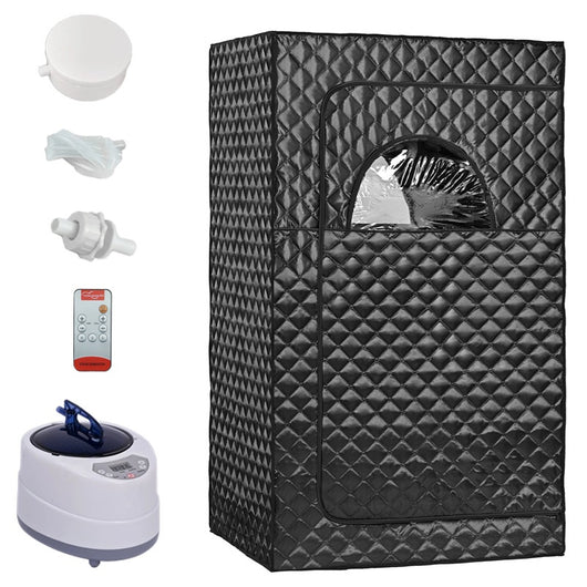 Portable brown quilted full body sauna room with steam generator, remote control, and accessories on a white background. - Image 5
