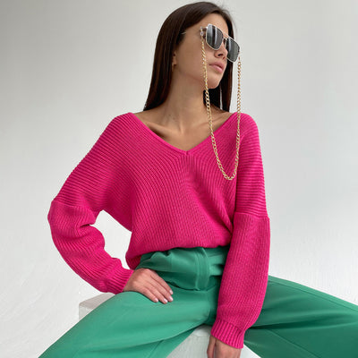 Suéter Tejido V-Neck Estilo Relajado para Mujer