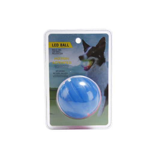 Orange LED pet ball in clear packaging, with a dog on the insert holding a glowing ball in its mouth. - Image 2