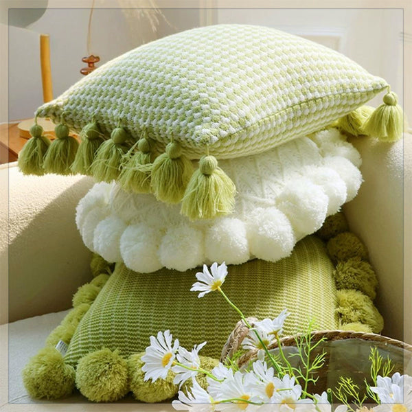 Funda de Cojín Tejido Verde Menta con Borlas - Almohada Decorativa Moderna para Sofá y Cama
