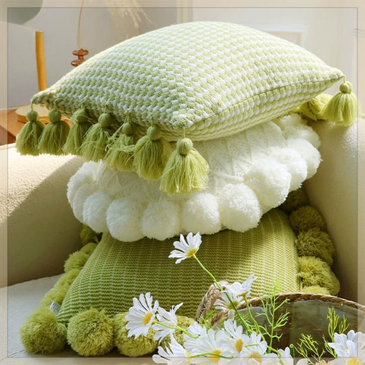 Funda de Cojín Tejido Verde Menta con Borlas - Almohada Decorativa Moderna para Sofá y Cama
