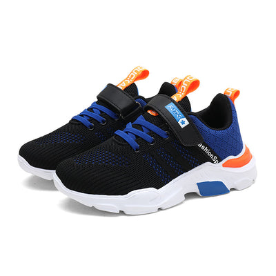 Boy's black and blue sports shoes with orange accents, mesh upper, white sole, blue laces, and a Velcro strap. - Image 7