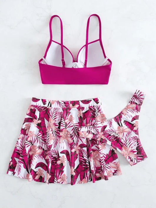 Fuchsia tropical print three-piece swimsuit with high-waisted swim skirt and matching bikini bottoms. - Image 8