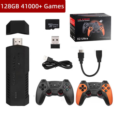 X2 Ultra Home TV Game Console kit with black game stick, two wireless controllers, 64GB MicroSD, and cables. - Image 10
