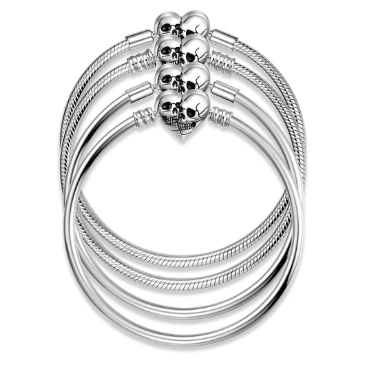 Pulsera de Plata Esterlina S925 Cadena Hueso de Serpiente con Calavera Doble - 3MM