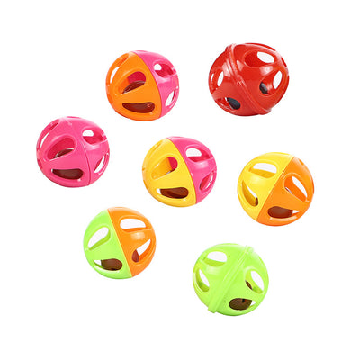 Orange and pink plastic bell toy ball for cats, with a kitten peeking from behind. Other color variations shown below. - Image 2