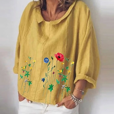 Blusa de Algodón y Lino con Bordado de Flores - Manga Larga Literaria - Image 10